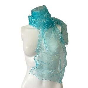 Vintage 1960s Bright Blue Scarf Geometric Flocked Design Scalloped Hem